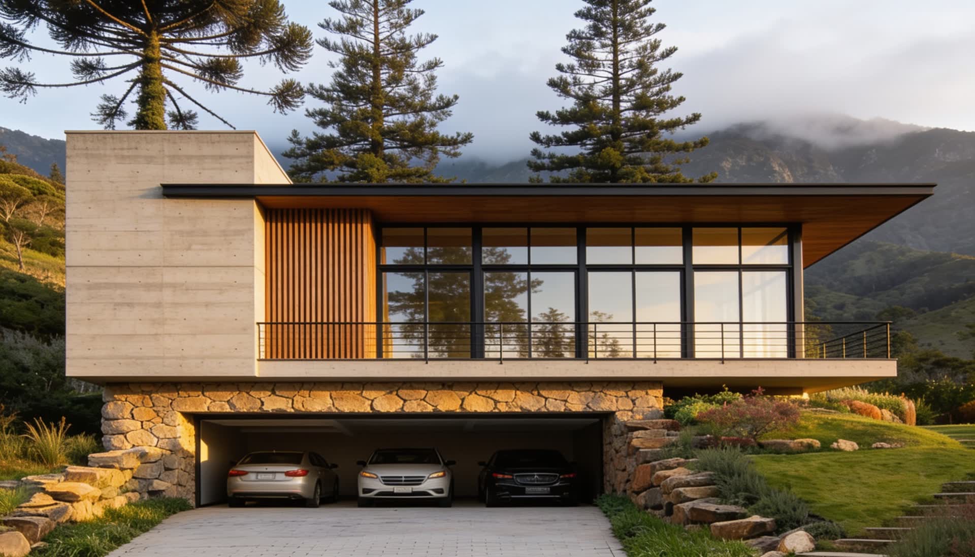 Casa Araucária — volume horizontal de concreto e madeira em balanço sobre embasamento de pedra, com araucárias e a serra da Mantiqueira ao fundo