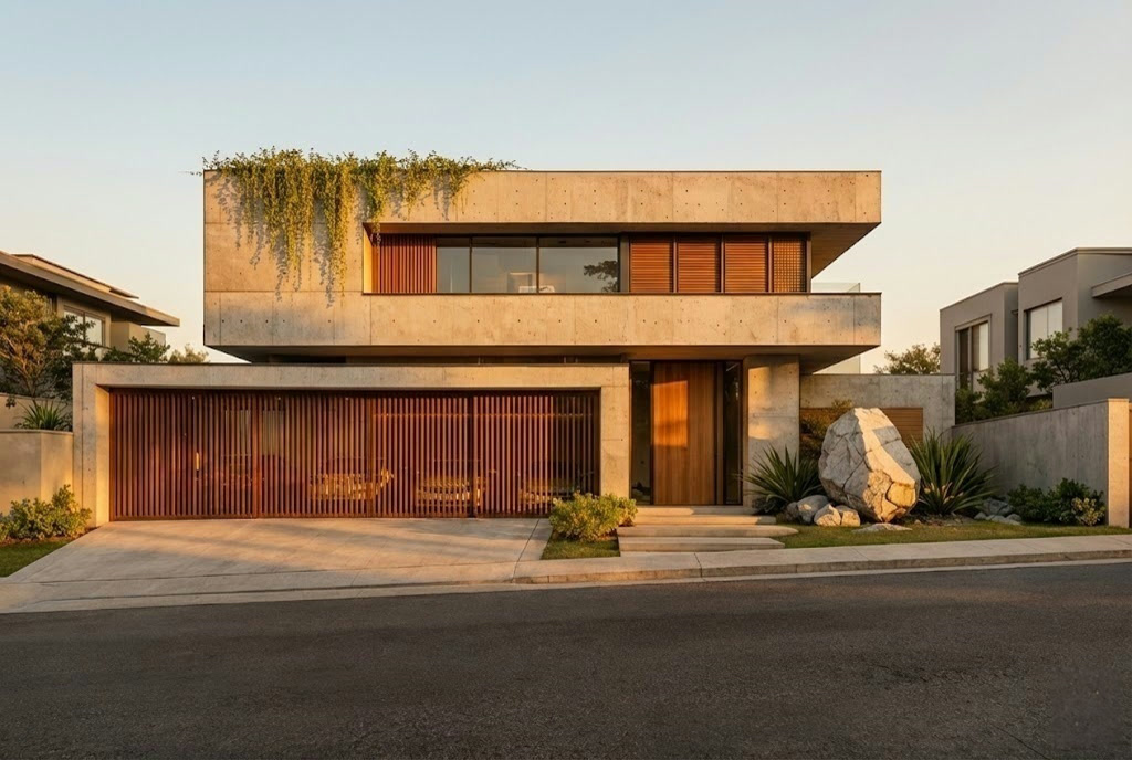 Casa Lâmina — fachada de dois pavimentos em concreto e madeira ao entardecer, com jardim de cobertura