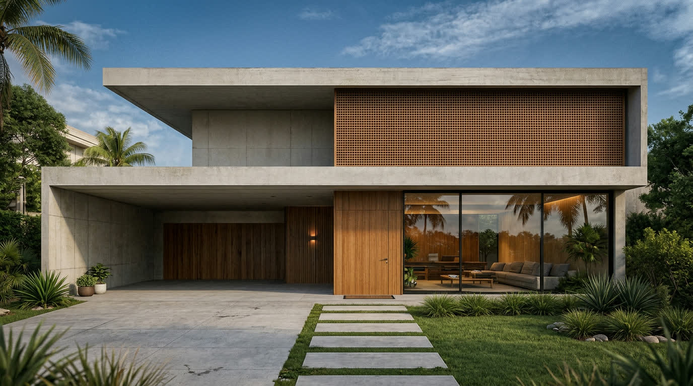 Casa Gondra — fachada de dois pavimentos em concreto e madeira, organizada ao redor de um pátio-jardim central com cobogó
